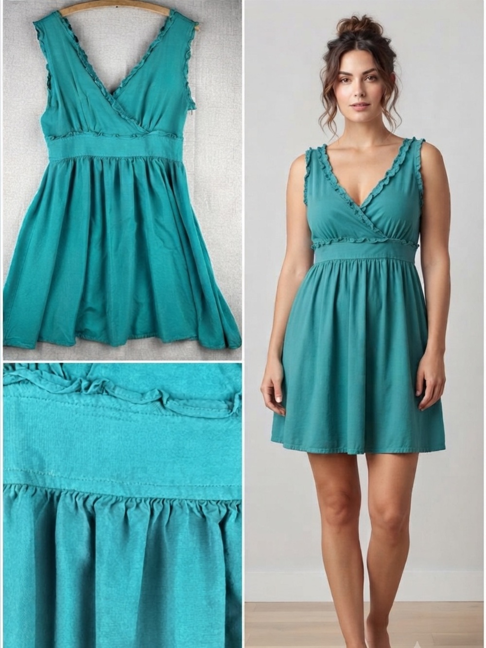 ACG Goddess Dress XL Teal V-Neck Soft Femme Jersey Rayon Knit Ruffles Coquette